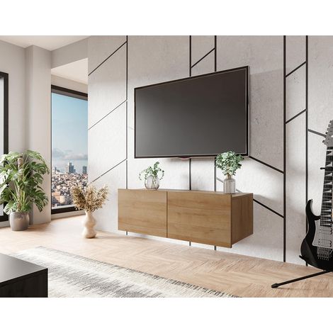 Alix - meuble tv modulable 100 cm - 2 portes - effet chêne (1/5)