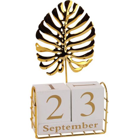 Calendrier perpétuel DIY en bois massif, chiffres en cube, calendrier de bureau en paulownia, feuille de monstera dorée, 1 pièce (1/5)