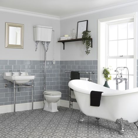 Milano Richmond White Double Ended Freestanding Slipper Bath Ceramic Toilet WC Pan with High Level Cistern and Bathroom Basin Sink and Washstand - 3 Tap Hole Basin (1/5)