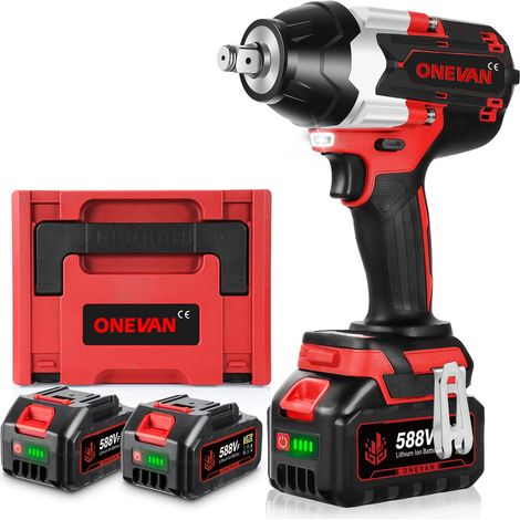 ONEVAN Llave de Impacto Inalámbrica 1000Nm , 3 velocidades，1/2" Pistola de Impacto Electrica con dos baterías de 3,0 Ah y caja de almacenamiento - rojo