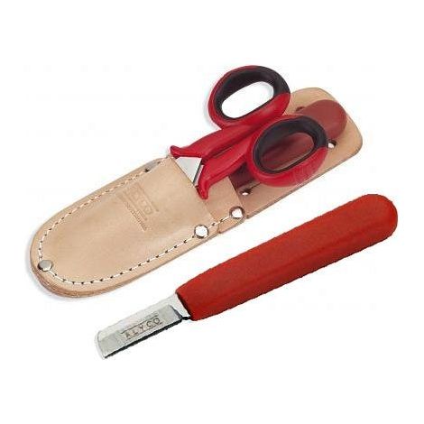 KIT DE TIJERAS Y CUCHILLO PARA ELECTRICISTA EN FUNDA DE CUERO ALYCO