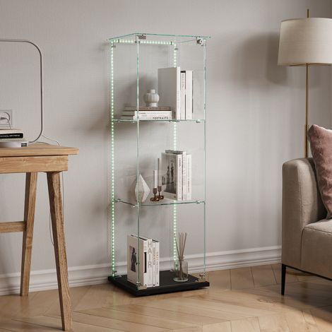 FOERPL-Glasvitrine mit LED-Beleuchtung, Säulenvitrine mit 3 Ablagen für Sammlungen, Glas-Weinschrank mit 1 Tür und Schloss Vertikale Sammlungsvitrine/Aufbewahrungsvitrine