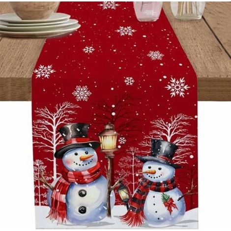 Red Christmas Table Runner 220x33cm, Polyamide Christmas Table Decoration, Red Christmas Table Decoration Printed with Fir Tree and Snowflake (1/5)