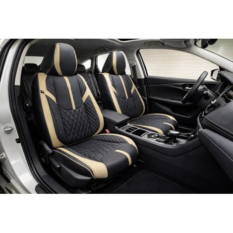 Luxuriöses Universal-Sitzbezug-Set aus Öko-Leder, schwarz-beige, für Vorder- und Rücksitze