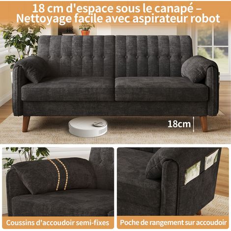 Canapé 2 Places en chenille assise épaisse rembourrée dossier capitonné 2 coussins d'accoudoirs poches latérales coloris gris (1/2)