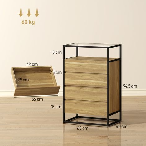 Commode à quatre tiroirs et étagère ouverte, en acier et verre trempé. (1/5)