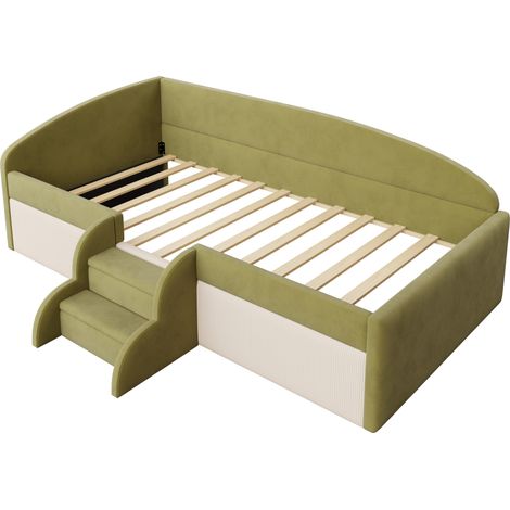 Cama infantil tapizada 90 x 190 cm con escalones, barandillas, terciopelo verde y marfil (1/5)