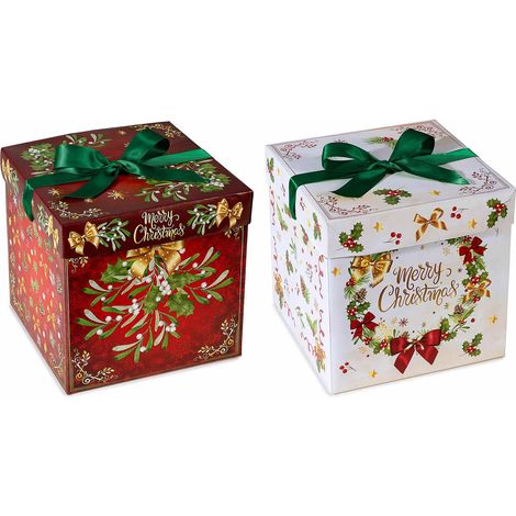 Scatole di Natale quadrate in carta con coperchio e fiocco in raso. Ideali per confezionare dolci, panettoni, torroni, set da 12 pezzi