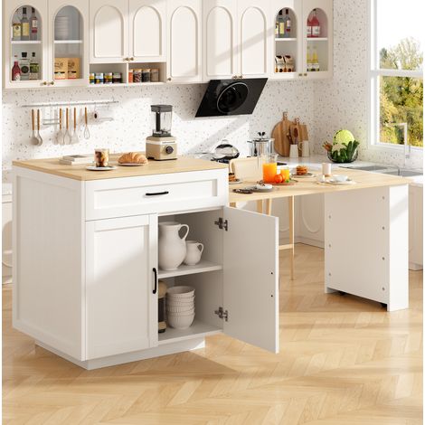 Mesa bar extensible 133/202 cm blanca con almacenaje y ruedas bloqueables (1/5)