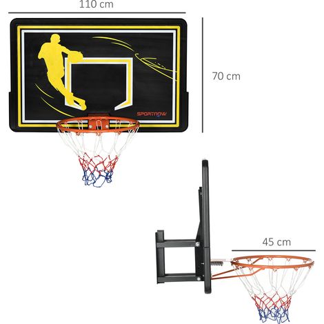 Panier de Basket Mural Extérieur, Panneau Incassable, Filet Anti-Déchirure, 110x90x70 cm, Noir (1/2)