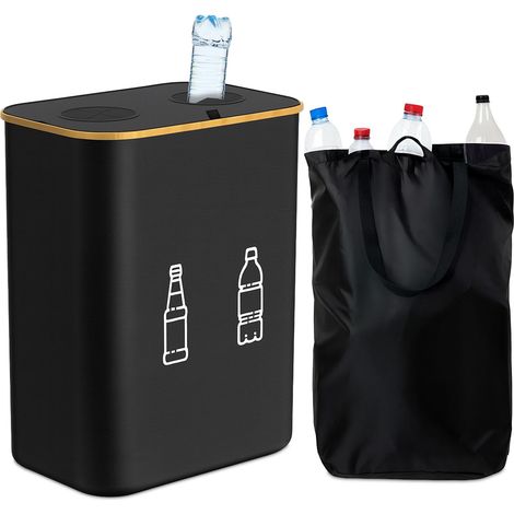 Relaxdays Bottle Recycling Bin 160L, 2 Bags, HxWxD: 75x57x37 cm, Collector for Glass & Plastic, Black (1/5)