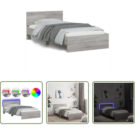 vidaXL LED-Leuchten - Bettgestell mit Kopfteil und LED-Leuchten Grau Sonoma 100x200cm (1/5)