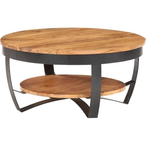 Table basse en bois d'acacia solide - VINGVO - Rond - Marron miel - Laqué (1/4)