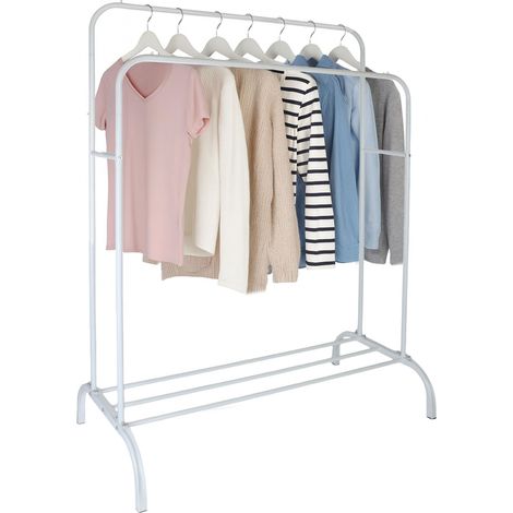 Porte-Manteau, H x L x P : 148 x 110 x 55 cm, avec étagère et 2 Barres, métal, Double penderie, Blanc (1/5)