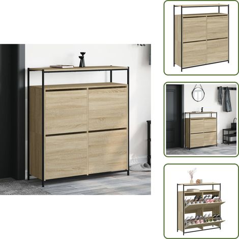The Living Store Mueble zapatero 4 cajones abatibles roble Sonoma 100x34x112 cm - Muebles de madera