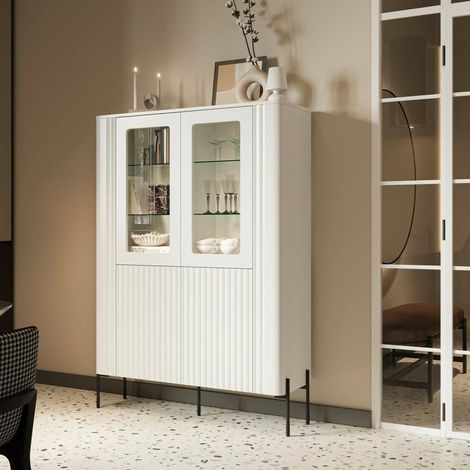 Cimino Vitrine, Wohnzimmervitrine mit zwei Türen und Glasdetail, vom Boden abgehoben, 110x40 h160 cm, Weiß (1/4)