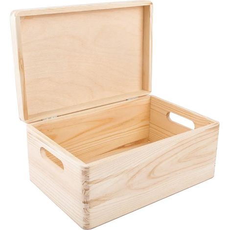 Boîte décorative en bois naturel brut avec couvercle et poignées, 30 x 20 x 14 cm (+/- 1 cm), boîte à souvenirs pour bébé, pour documents jouets outils, non poncée (1/5)