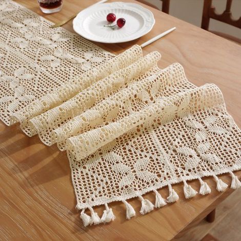 Camino de mesa - Estilo bohemio - Estilo vintage - Mantelería - Borla - Beige - 30x200cm (1/4)
