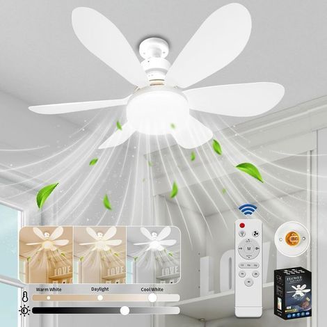 Ventilateur de Plafond avec Lumière et Telecommande, LED Ventilateur Dimmable Plafonnier avec 40W E27 Lampe Intégrée, 6 Pales, 3 Vitesses, Silencieux, pour Salon, Chambre, Coucher (Blanc) (1/5)