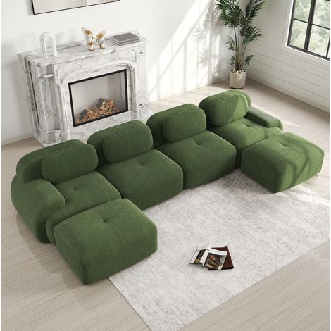 Divano angolare modulare verde in velluto a coste senza montaggio con braccioli ergonomici (1/5)