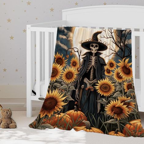 Couverture d'Halloween, motif tête de mort et tournesol vintage, douce et confortable, idéale pour bébé, animal de compagnie, canapé, lit et décoration saisonnière, 70 x 100 cm (1/5)