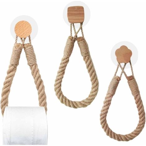 3Pcs Porte Papier Toilette Mural Corde Support Porte Rouleau Papier Toilette Derouleur Murale Bois Vintage en Métal et Corde de Chanvre
