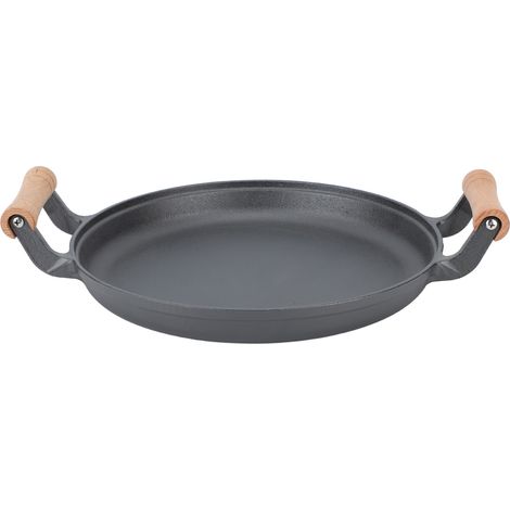 runder Gusseisengrill mit doppeltem Holzgriff, ideal