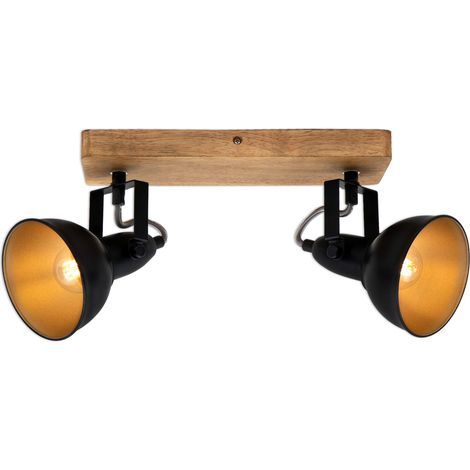 Luminaire à spots, spot plafonnier rétro, éclairage plafonnier vintage, spots pivotants et orientables, 2x E14, maximum 25 Watt, métal et bois, noir et doré, 280x110x157mm (LxlxH) (1/5)