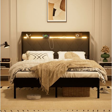 Bettgestell 140x190 cm Schwarzgrau aus Leinen, Stahl und Holzwerkstoff mit LED-Lichtleiste, USB-Anschluss und Stauraum (1/5)