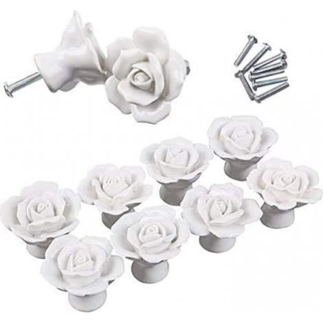 8pcs élégante rose blanche tire fleur boutons de meuble en céramique poignées de tiroir de placard