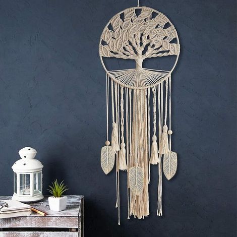Grand attrape-rêves Arbre de Vie, attrape-rêves mural avec plumes et feuilles tissées, style bohème, pour la maison, la chambre, la chambre de bébé, la crèche, style hippie, mariage (1/5)
