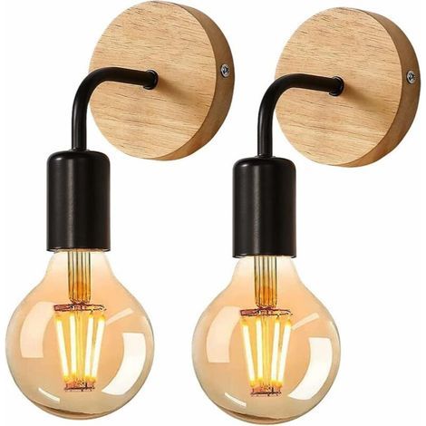 Lot de 2 appliques murales industrielles d'intérieur, en bois et métal, style rétro, pour salon ou chambre (ampoules non incluses), motif tournesol. (1/5)