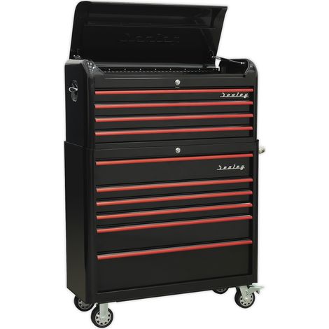 Sealey Premier&trade Retro Style Wide Topchest & Rollcab Combination 10 Drawer - Black with Red Anodised Drawer Pulls AP41COMBOBR (1/2)