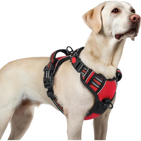 Harnais Chien avec 3 Boucles, Facile à Mettre et à Enlever, Harnais Anti Traction pour Chien avec Poignée et Attache Devant, Réglable, Réfléchissant, Arnet pour Chiens Grand, Rouge, L (1/5)