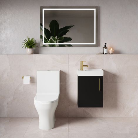 Napoli Cube Matt Black 400mm Single Door Wall Mounted Vanity Unit and Jubilee Toilet Suite with Align Basin - 400mm - Brushed Brass 160mm Handle