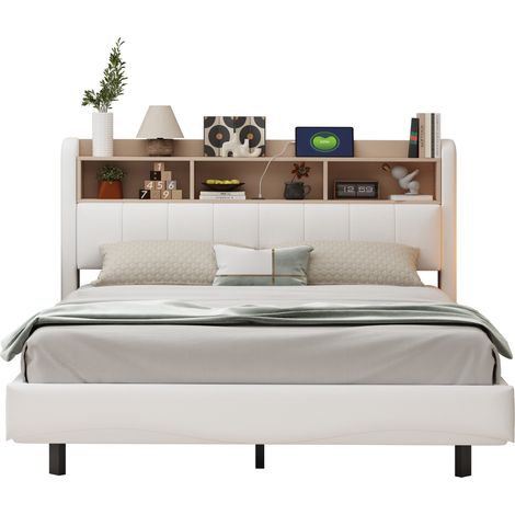 Lit rembourré au design suspendu 160200 en tissu lin, lit de rangement multifonction avec éclairage LED, ports USB et TYPE-C, beige
