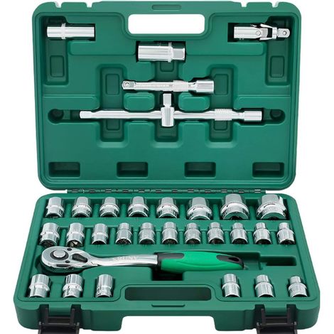 Socket Wrench Set 1/2 Inch Metric 8-32mm 72 Teeth Ratchet Hex Socket Understand Spark Plug Socket Auto Repair Kit(32pcs) (1/4)