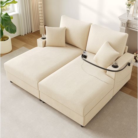 Schlafsofa 163x140x82 cm Beige, umwandelbar, Smartphone-Halter & USB, Cordstoff MEUBLIV (1/5)