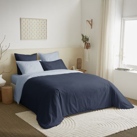 Pack complet 6 pièces Marine/Bleu Ciel réversible housse de couette pour lit 180 x 200 cm "King size" - Bleu - (1/2)