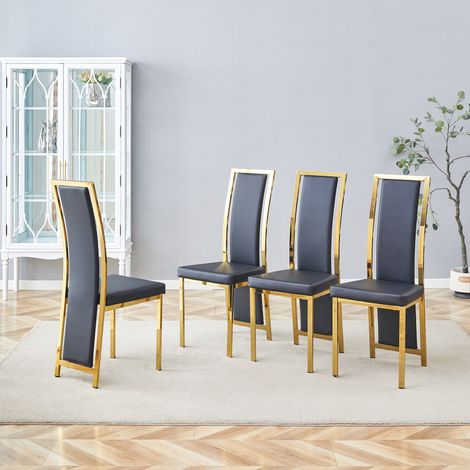 Esszimmerstuhl 4er-Set hohe Rückenlehne PU Schwarz-Gold OKMYHOME (1/5)