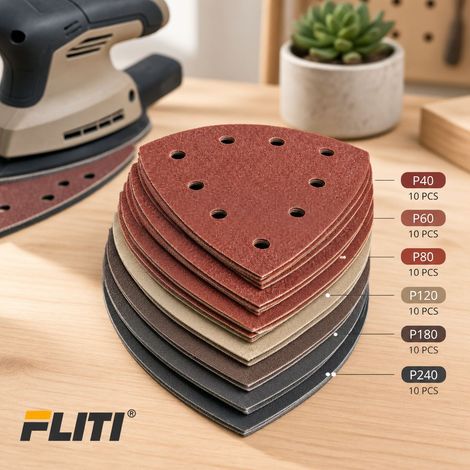 Lot de 60 feuilles abrasives triangulaires 105x152mm – Assortiment de grains P40/60/80/120/180/240 – Fixation rapide pour ponceuses mouse delta (1/5)