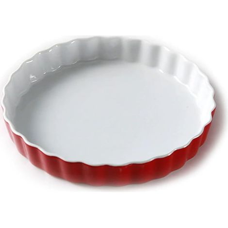 Moule à tarte profond en porcelaine et moule à pizza, moule à tarte rond en céramique et plaque de cuisson cannelée (25 cm, rouge) (1/5)