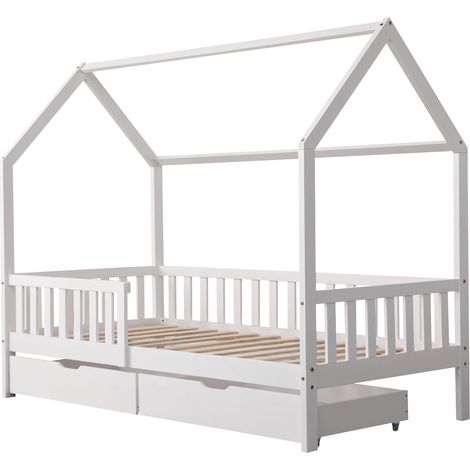Happy Garden – Lit cabane pour enfant 190x90cm blanc avec 2 tiroirs gigognes – Sommier à lattes inclus – Design moderne stimulant l'imagination