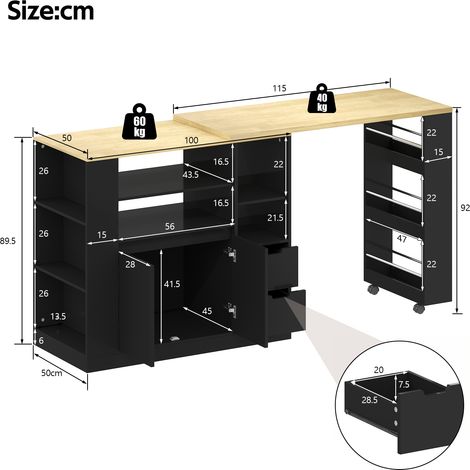 Îlot de cuisine avec plan de travail extensible, 115 cm, rangement à étagères triples et deux tiroirs, bar à café, table escamotable en bois pour salle à manger et bar domestique (1/5)