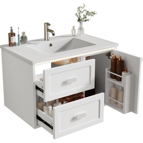 Armoire salle bain suspendue blanche, 76x46x51 cm, laquée, LED capteur mouvement, 2 tiroirs silencieux, lavabo intégré (1/5)