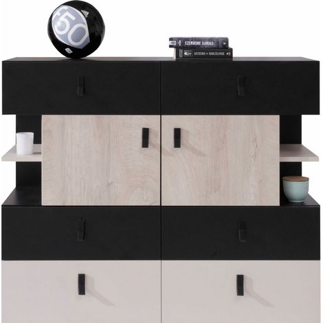 Cómoda Camteso 106, Negro + Roble + Beige, Con cajones y puertas, Número de cajones: 6, 90x110x40cm