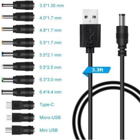 cable usb vers dc 5v,Câble USB vers DC d'alimentation,11-en-1 DC adaptateur alimentation 5.5 x 2.1mm DC Barrel Jack pour Ordinateur Portable, Routeur etc(1m, noir) (1/5)