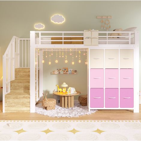 Letto a soppalco 90x200 cm bianco in metallo e MDF con cassetti, scala contenitore e appendiabiti (1/5)