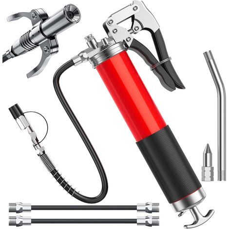 Manuelle Fettpresse: Professionelle Fettpresse mit 7000 PSI, Einhandgriff, flexiblem Schlauch, starrer Verlängerung und spitzer Düse für 400-cm³-Kartuschen (1/5)