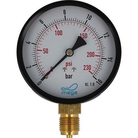 MEGA Druckmanometer 0 - 16 bar - 1/2 Zoll Anschluss nach unten Radial Ø 100 mm (1/2)